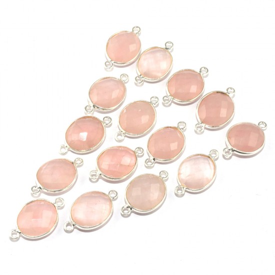 Great Quality Oval Shape Pink Rose Quartz 925 Sterling Silver Connectors
