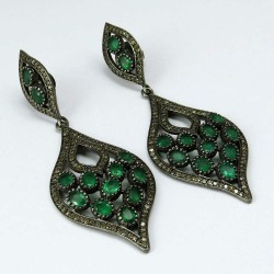 Great Impression !! Emerald, Diamond 925 Sterling Silver Earring