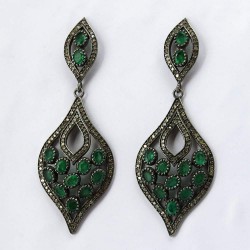 Great Impression !! Emerald, Diamond 925 Sterling Silver Earring