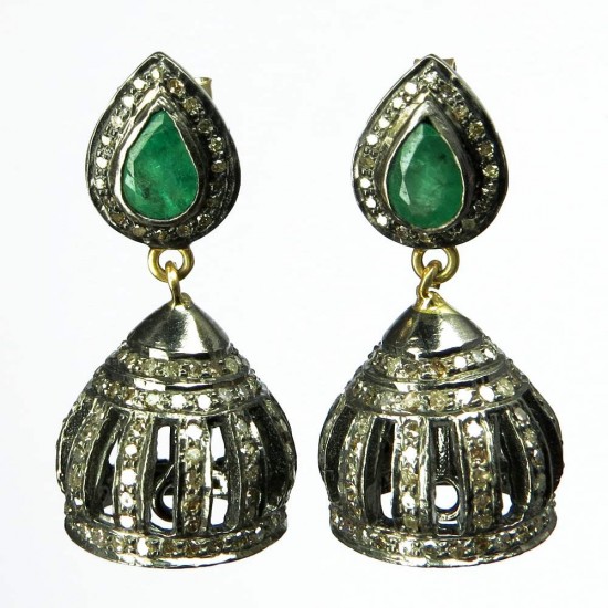 Excellent Jhumka Emerald, Diamond 925 Sterling Silver Earring