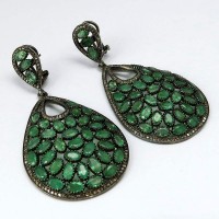 Looking Wow !! Emerald, Diamond 925 Sterling Silver Earring
