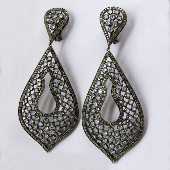 Store Of Love !! Dangler Moonstone, Diamond 925 Sterling Silver Earring