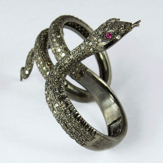 Double Finger Snake Design Ruby, Diamond 925 Sterling Silver Ring