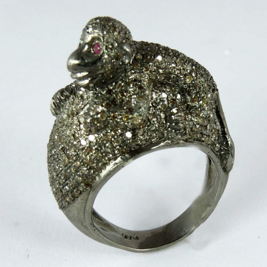 Monkey Design !! Ruby, Diamond 925 Sterling Silver Ring