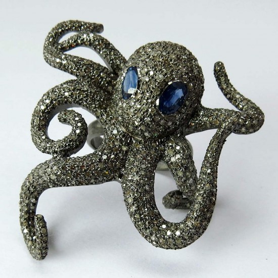 Just Perfect !! Octopus Design Blue Sapphire, Diamond 925 Sterling Silver Ring