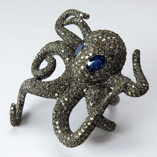 Just Perfect !! Octopus Design Blue Sapphire, Diamond 925 Sterling Silver Ring