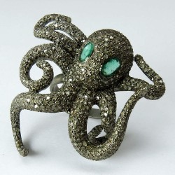 Popular Octopus Design !! Emerald, Diamond 925 Sterling Silver Ring