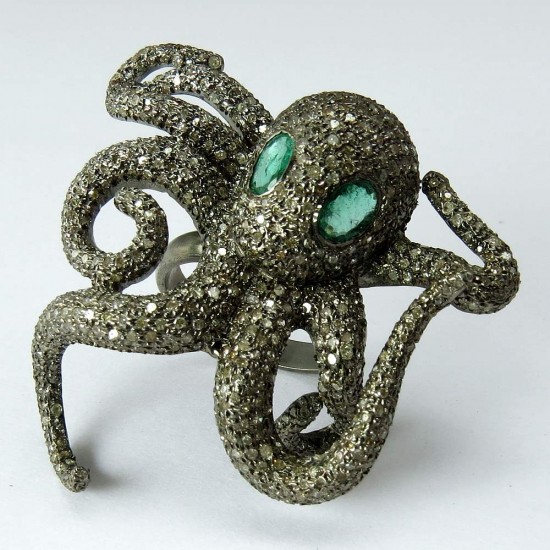 Popular Octopus Design !! Emerald, Diamond 925 Sterling Silver Ring