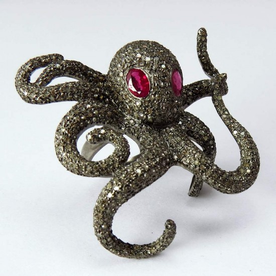 Celebarte Love !! Octopus Design Ruby, Diamond 925 Sterling Silver Ring