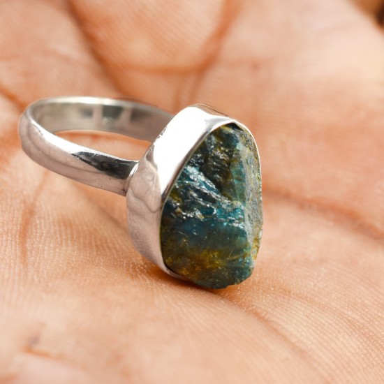 Blue Apatite Rough Gemstone Ring 925 Sterling Silver Handmade Ring 925 Stamped Silver Jewelry
