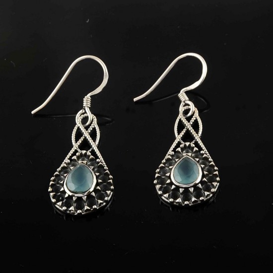 Blue Chalcedony Gemstone Drop Dangle Earrings 925 Sterling Silver Handmade Oxidized 925 Stamped Jewelry