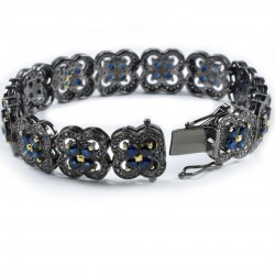 Blue Sapphire Black Diamond Bracelet 925 Sterling Silver Handmade Rhodium Plated Women Fashion Jewelry