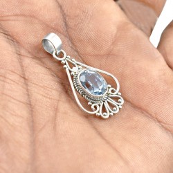 Blue Topaz Gemstone Pendants 925 Sterling Silver Handmade Manufacture Silver Birthstone Pendants Jewellery