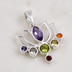 Chakra Pendants Lotus Shape Multi Gemstone Pendants 925 Sterling Silver Religious Pendants Handmade Wholesale Silver Jewelry