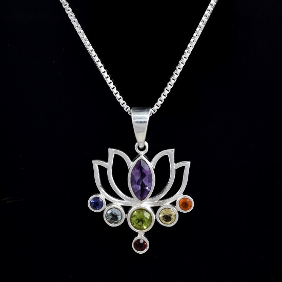 Chakra Pendants Lotus Shape Multi Gemstone Pendants 925 Sterling Silver Religious Pendants Handmade Wholesale Silver Jewelry