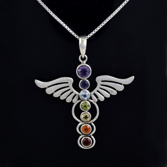 Chakra Pendants Multi Gemstone 925 Sterling Silver Handmade Pendants Butterfly Shape Religious Jewelry