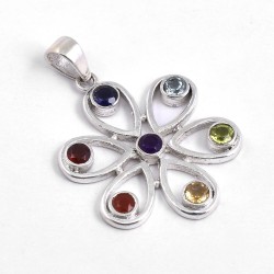 Chakra Pendants Multi Gemstone Flower Shape Solid 925 Sterling Silver Handmade Religious Pendants Jewellery