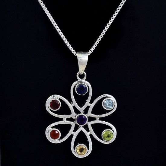 Chakra Pendants Multi Gemstone Flower Shape Solid 925 Sterling Silver Handmade Religious Pendants Jewellery