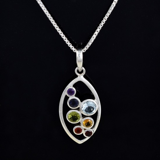 Chakra Pendants Solid 925 Sterling Solid Silver Multi Gemstone Pendants Religious Jewelry