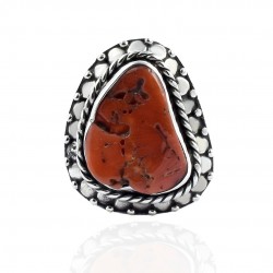 Coral Rough Gemstone Ring Solid 925 Sterling Silver Ring Oxidized Silver Birthstone Ring Women Jewelry