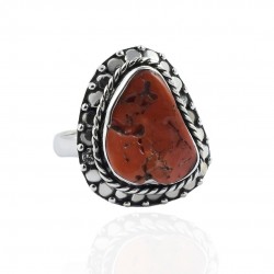 Coral Rough Gemstone Ring Solid 925 Sterling Silver Ring Oxidized Silver Birthstone Ring Women Jewelry