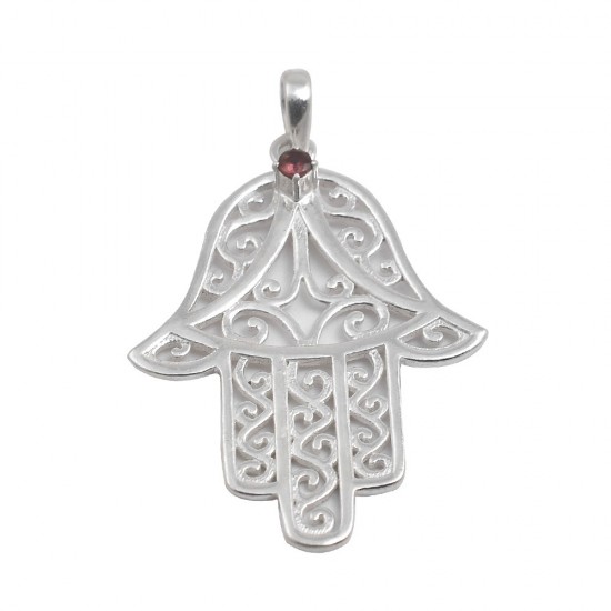 Garnet Gemstone Pendant 925 Sterling Silver Hamsa Pendant Indian Religious Jewelry