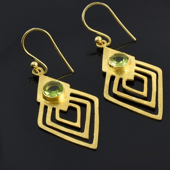 Green Peridot Gemstone Dangle Earring 925 Sterling Silver Gold Plated Earring Handcrafted Jewellery