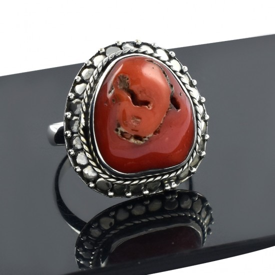 Handmade 925 Sterling Silver Ring Natural Coral Gemstone Ring Oxidized Silver Jewelry Boho Ring 925 Stamped Jewelry