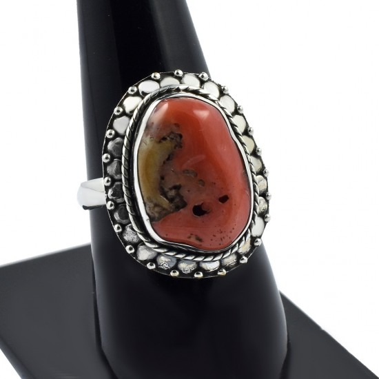 Manufacture Silver Jewelry Coral Gemstone Ring 925 Sterling Silver Ring Handmade Oxidized Boho Ring Jewelry Gift For Her