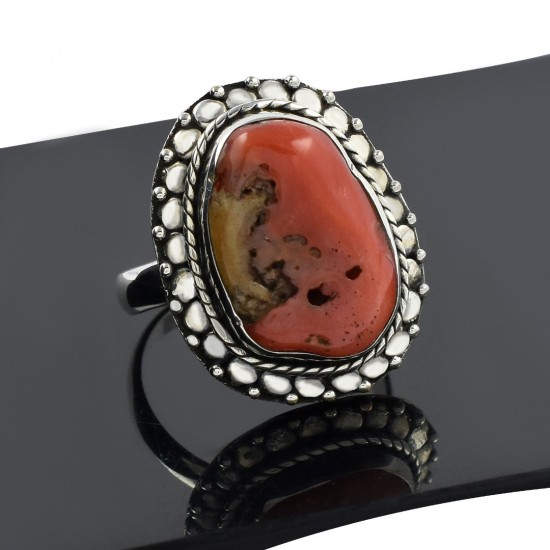 Manufacture Silver Jewelry Coral Gemstone Ring 925 Sterling Silver Ring Handmade Oxidized Boho Ring Jewelry Gift For Her