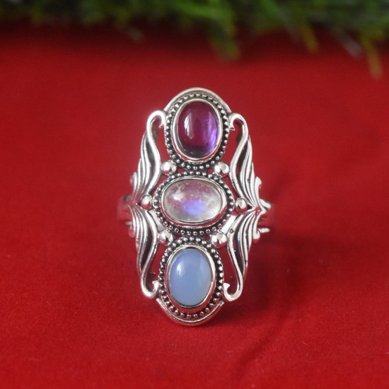 Garnet Rainbow Moonstone Chalcedony Gemstones 925 Sterling Silver Ring!!