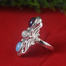 Garnet Rainbow Moonstone Chalcedony Gemstones 925 Sterling Silver Ring!!