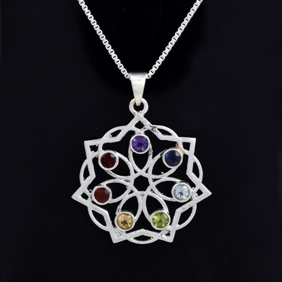 Multi Stone Chakra Pendants Solid 925 Sterling Silver Religious Pendants Handmade Silver Jewellery Gfit For Her