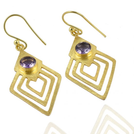 Natural Amethyst Gemstone Drop Dangle Earrings Gold Plated Handmade Jewelry 925 Sterling Silver Jewelry