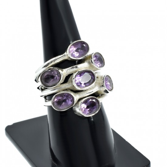 Solid 925 Sterling Silver Jewelry Natural Amethyst Rough Gemstone Ring 