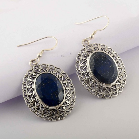Natural Blue Lapis Lazuli Drop Danglers Earrings Solid 925 Sterling Silver Handmade Oxidized Silver Jewellery