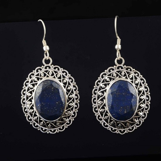 Natural Blue Lapis Lazuli Drop Danglers Earrings Solid 925 Sterling Silver Handmade Oxidized Silver Jewellery