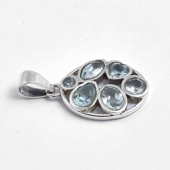 Natural Blue Topaz Gemstone Pendants 925 Sterling Silver Handmade Silver Jewelry