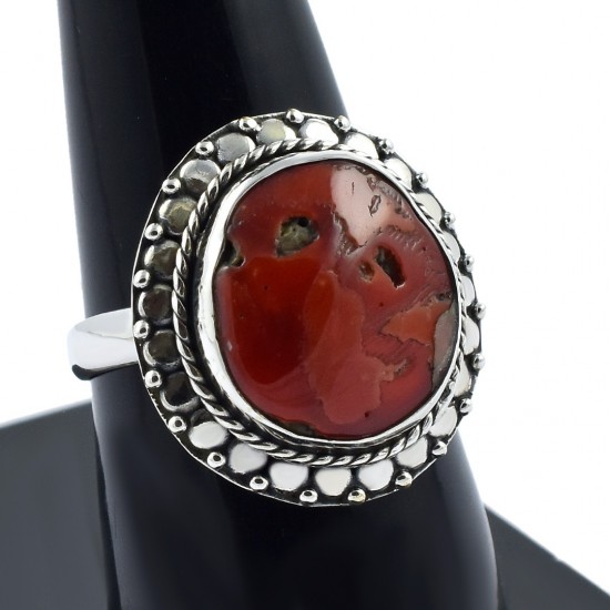 Natural Coral Gemstone Ring Handmade Solid 925 Sterling Silver Ring Boho Ring Birthstone Ring Jewelry