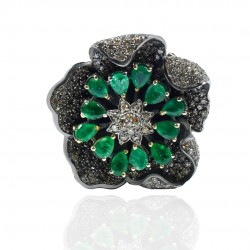 Natural Emerald Black Diamond Ring Flower Shape 925 Sterling Silver Rhodium Plated Ring Wedding Ring Jewelry Gift For Her
