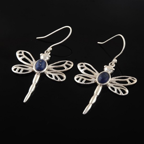 Natural Lapis Lazuli 925 Sterling Silver Butterfly Design Oxidized Silver Dangle Earring Jewelry