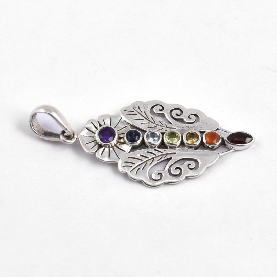 Natural Multi Gemstone Chakra Pendants 925 Sterling Silver Handmade Religious Pendants Jewelry Gift For Her