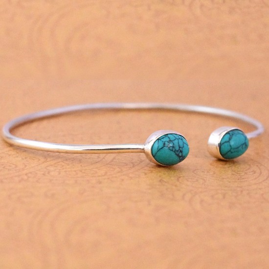 Natural Turquoise Gemstone Cuff Bangle Solid 925 Sterling Silver Handmade Silver Bangle Jewellery