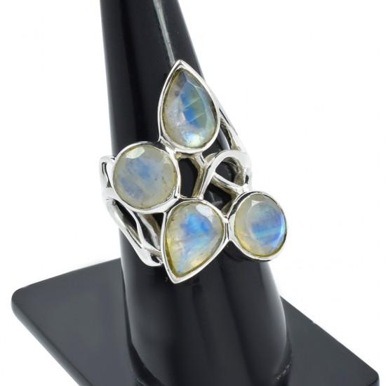 Natural White Rainbow Moonstone Ring Solid 925 Sterling Silver Ring Women Fashion Jewellery