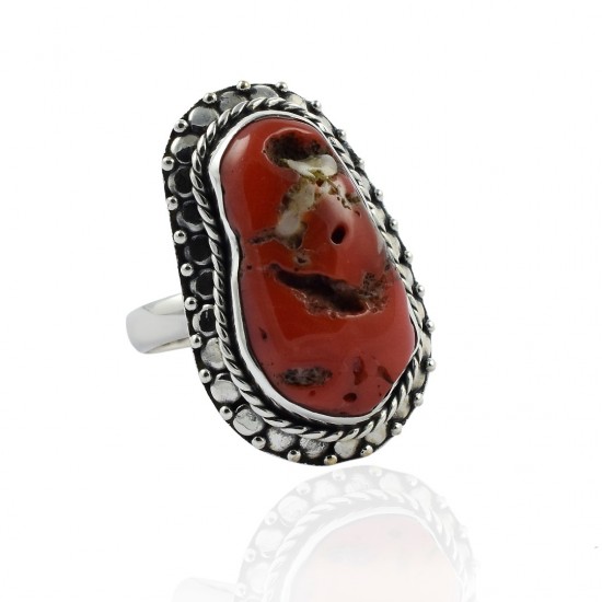 Red Coral Silver Ring 925 Solid Sterling Silver Handmade Jewelry Size 3-13 US