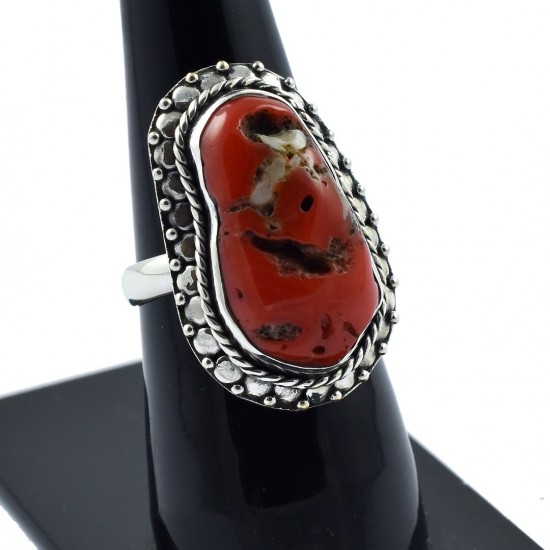 Oxidized Silver Ring Red Coral Gemstone Ring Handmade Solid 925 Sterling Silver Ring Indian Artisan Ring Jewelry