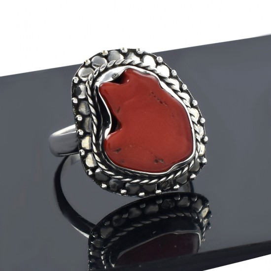 Oxidized Silver Ring Red Coral Rough Gemstone Ring Handmade Silver Ring 925 Sterling Silver Ring Jewelry Gift For Her