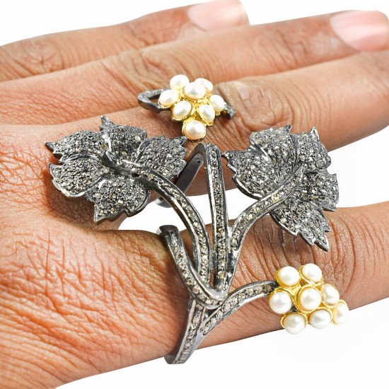 Pearl Black Diamond Ring 925 Sterling Silver Handmade Rhodium Plated Silver Boho Ring Jewelry