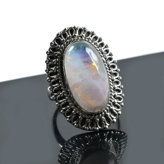 Rainbow Moonstone Boho Ring Handmade 925 Sterling Silver Ring Oxidized Silver Ring Indian Artisan Ring Jewelry 