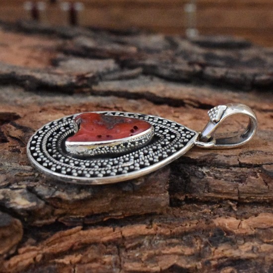 Red Coral Gemstone 925 Sterling silver Pendants Handmade Oxidized Silver Jewelry Gift For Her Weight 8.2 to 9.6 gram